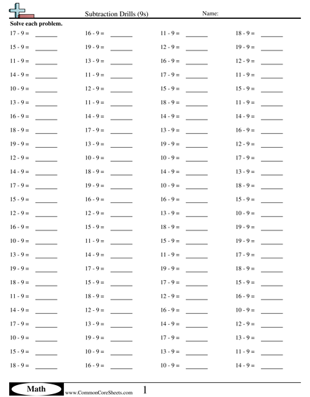 Subtraction Worksheets - Subtraction Drills (9s)  worksheet